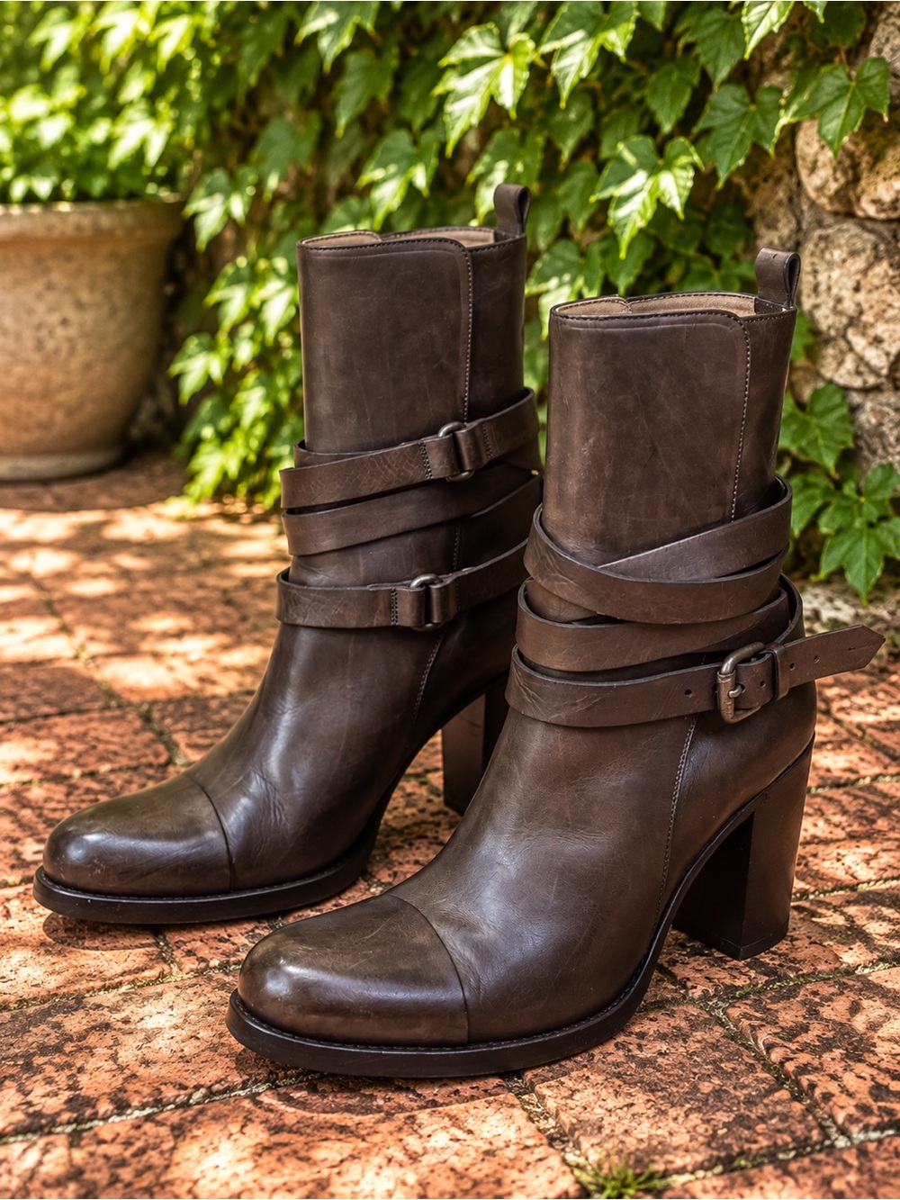 SARTORE Brown Leather Italian Made Strappy Luxury Block Heel Moto Boots, 37